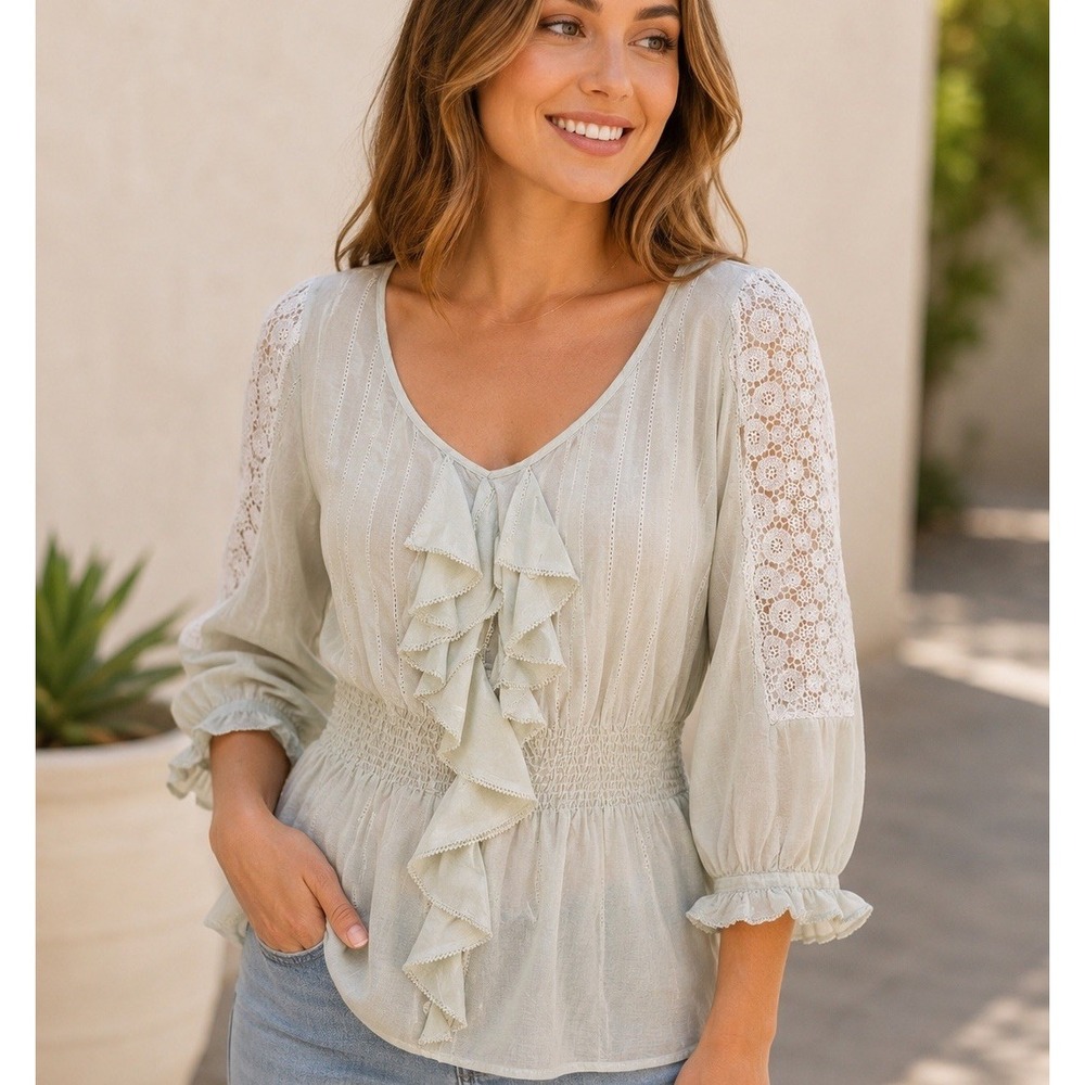 Floreat Anthropologie Boho Ruffle Bib Silk Sheer Eyelet Lace Blouse Size 8 Top